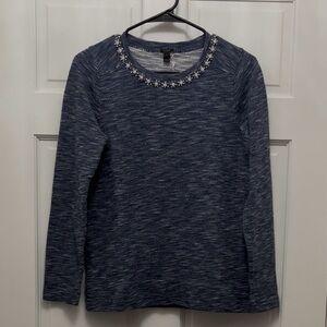 NWT J. Crew Blue and White Heathered Knit Sweater with Embellishments - Sz Small